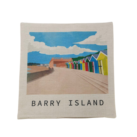 Barry Island Beach Hut Linen Cushion Cover